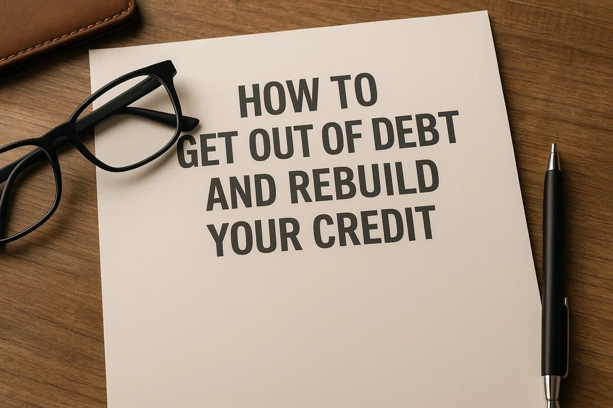 Flat-lay composition featuring a document titled ‘How to Get Out of Debt and Rebuild Your Credit’ next to eyeglasses, a pen, and a leather wallet on a wooden surface, symbolizing practical strategies for debt management and improving credit health.