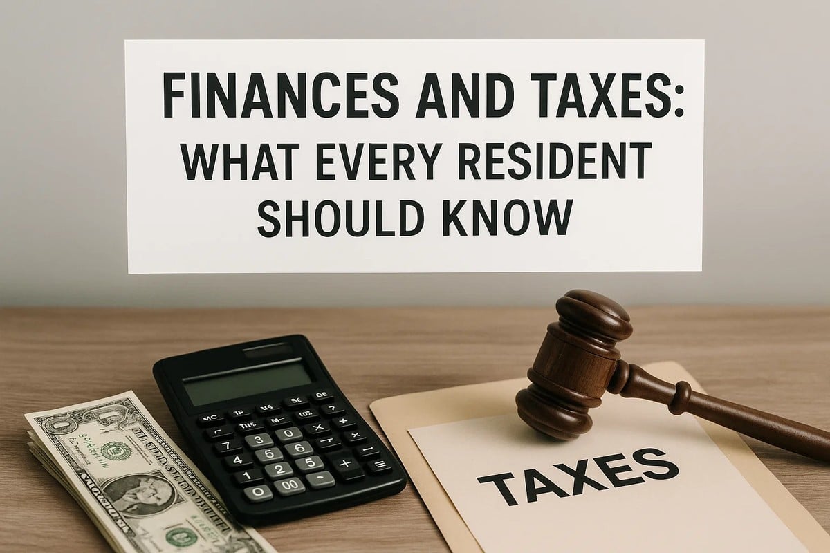 Image showing a large white sign with the text “FINANCES AND TAXES: WHAT EVERY RESIDENT SHOULD KNOW” in bold black letters. Below the sign, on a wooden surface, there is a stack of dollar bills, a black calculator, a beige folder labeled “TAXES,” and a wooden judge’s gavel resting on top of the folder, symbolizing financial literacy and legal obligations related to taxes.