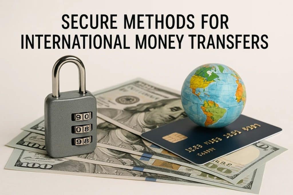 Image showing a combination padlock, a small colorful globe, and a blue credit card arranged on top of several U.S. hundred-dollar bills. Above the objects, large black text reads “SECURE METHODS FOR INTERNATIONAL MONEY TRANSFERS.” The visual elements symbolize safety, global transactions, and financial security.