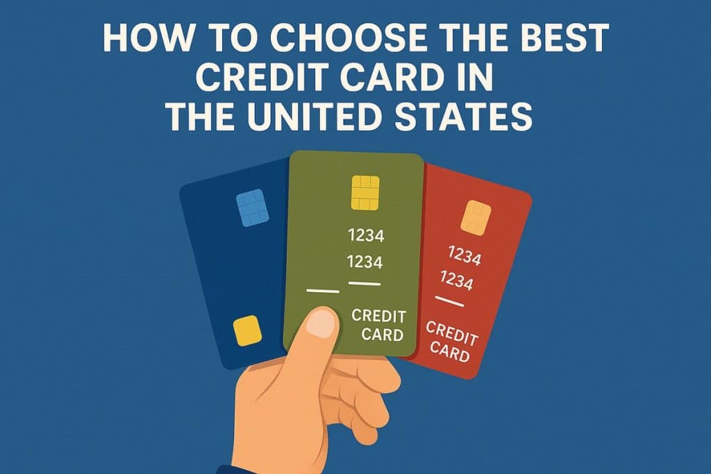 Flat illustration of a hand holding three colorful credit cards—blue, green, and red—fanned out against a solid blue background. Each card has simplified chip and number details, emphasizing variety and choice. Large white text above the hand says “How to Choose the Best Credit Card in the United States.”
