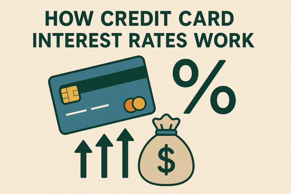 Graphic about how credit card interest rates work, set on a light beige background. A teal and dark green credit card with a gold chip is angled on the left, while a large dark green percent sign appears on the right. Below the card, three upward-pointing arrows suggest rising costs, and a beige money bag with a dollar sign reinforces the idea of growing interest payments.