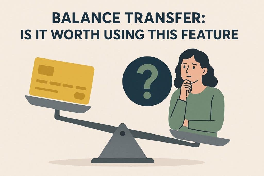 Illustration about balance transfers. A yellow credit card sits on one end of a tilted seesaw, while on the opposite side a worried woman with dark hair, wearing a green sweater, rests her chin on her fist as she thinks. Between them, a large dark circle with a green question mark reinforces uncertainty. The background is beige, and bold text above reads “BALANCE TRANSFER: IS IT WORTH USING THIS FEATURE.” The style is flat and expressive, with muted tones.