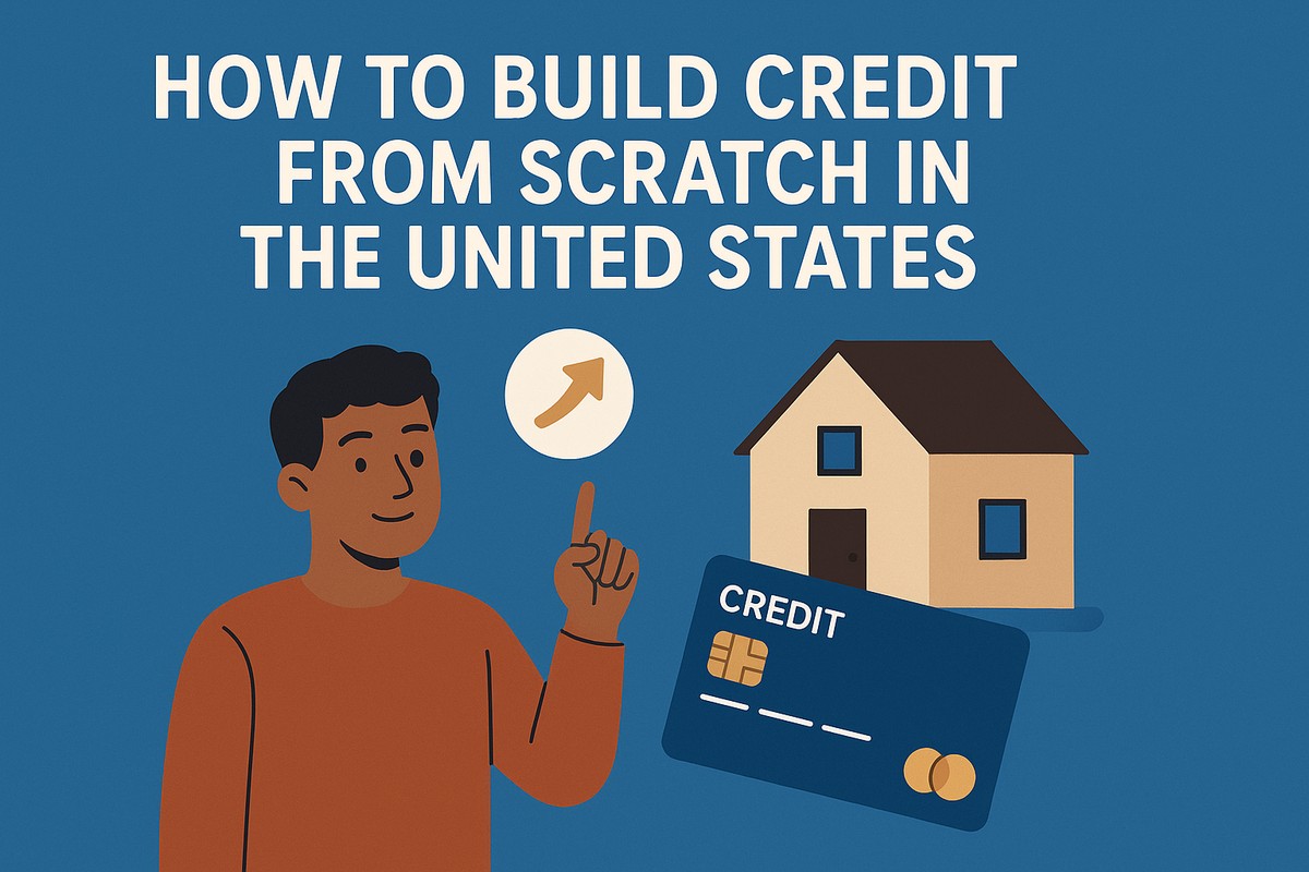 Illustration showing a young man with dark hair and medium skin tone pointing upward with a confident expression. Above him, large white text reads “How to Build Credit From Scratch in the United States” on a blue background. To the right, a beige house with a dark brown roof symbolizes long-term financial goals. A blue credit card with a gold chip sits in front of the house. A circular icon with an upward arrow floats near the man, representing financial growth and building credit.