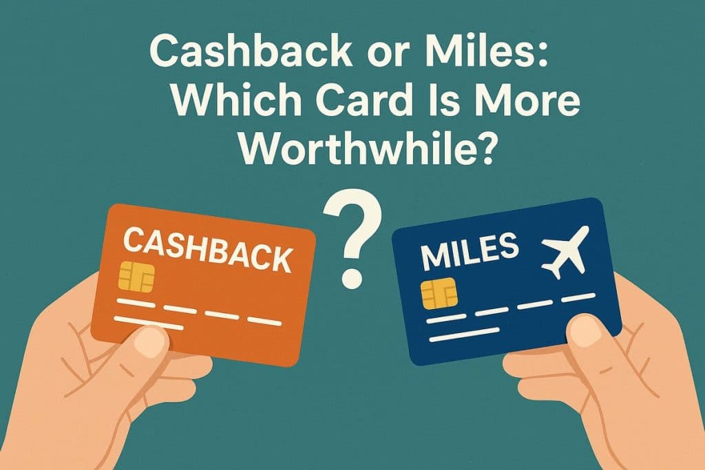 Illustration with a teal background showing the headline “Cashback or Miles: Which Card Is More Worthwhile?” in large white letters centered at the top. Below the text, two stylized hands hold different credit cards: on the left, an orange card labeled “CASHBACK” with a chip and blank lines suggesting card details; on the right, a dark blue card labeled “MILES” with a chip, blank lines, and a white airplane icon in the upper-right corner. A large white question mark stands between the two cards, highlighting the dilemma of choosing between cashback and miles rewards. No real people are depicted, only simplified illustrated hands.