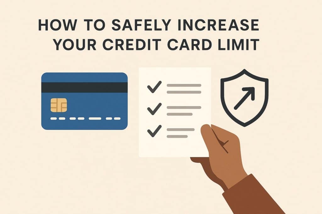Illustration showing the headline “How to Safely Increase Your Credit Card Limit” in bold dark text centered at the top over a beige background. Below the text, on the left side, there is a blue credit card icon with a gold chip and blank placeholder lines. In the center, a brown-skinned hand holds a white checklist paper with three checkmarks next to horizontal lines representing tasks. On the right, there is a shield icon with an upward arrow inside, symbolizing protection and limit increase. No real people are shown, only stylized illustrated hands and icons.