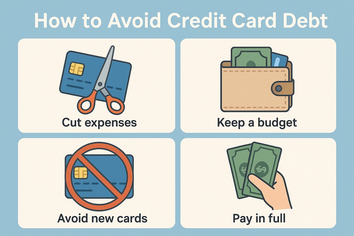 Illustration with a blue background and the headline “How to Avoid Credit Card Debt” in bold white text at the top. Below, four rounded squares present visual tips: a credit card being cut with scissors labeled “Cut expenses,” a wallet with cash and cards labeled “Keep a budget,” a credit card behind a prohibition symbol labeled “Avoid new cards,” and a hand holding cash labeled “Pay in full.” No real people are shown; only stylized icons and illustrations.