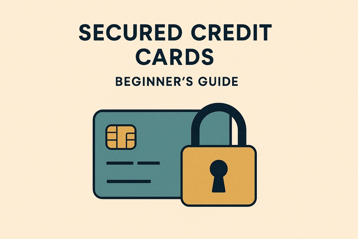 Minimalist illustration on a beige background with the title “Secured Credit Cards — Beginner’s Guide” in dark blue capital letters. Below the text, a teal-colored credit card with a gold chip sits alongside a large padlock icon in gold and dark blue, representing financial protection through secured credit cards. No real people appear, only simplified illustrated elements.