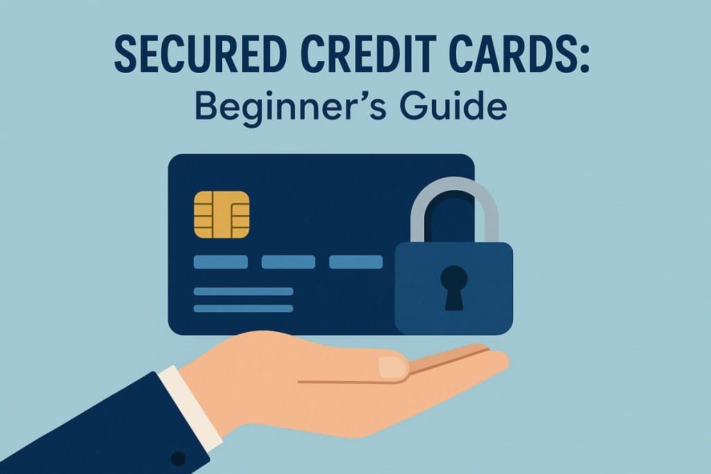 Illustration with a light blue background showing the title “Secured Credit Cards: Beginner’s Guide” at the top in bold dark blue text. Below the header, an open hand wearing a navy blue suit sleeve holds a large blue credit card with a yellow chip. Next to the card stands a padlock icon, symbolizing security and collateral. No real people are depicted—only a stylized illustrated hand and icons.