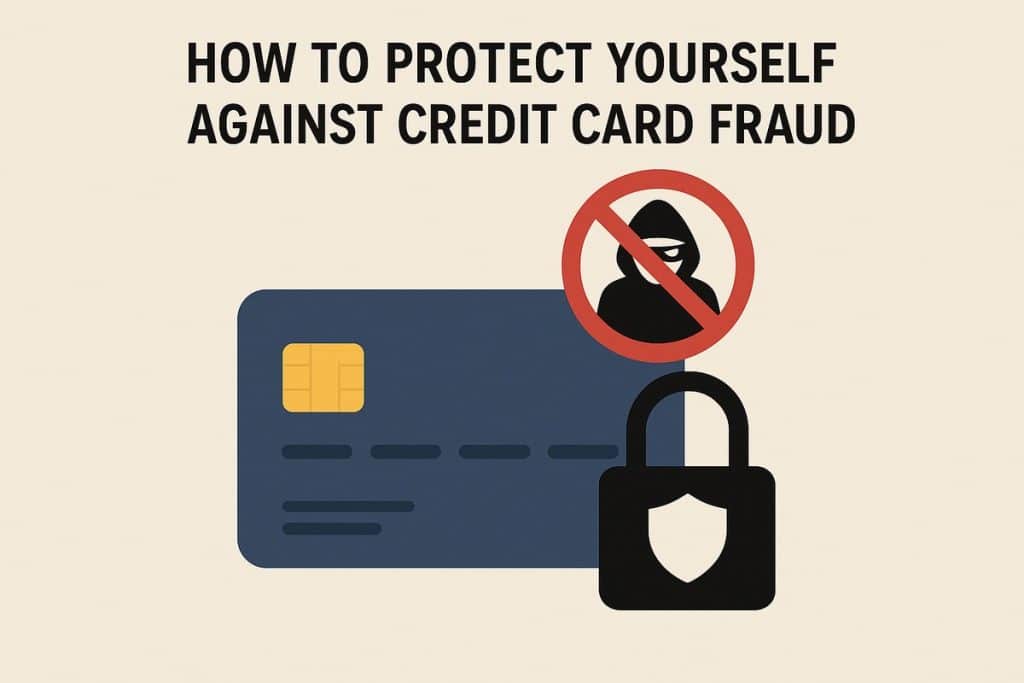 Illustration on a beige background with the headline “How to Protect Yourself Against Credit Card Fraud” in bold black letters. Below the text, a large dark blue credit card with a gold chip sits on the left. Above it, a red prohibition circle overlays a hooded thief icon, symbolizing blocked fraud attempts. At the bottom right, a black padlock with a shield emblem represents protection and security. No real people are depicted—only stylized icons and illustrations.