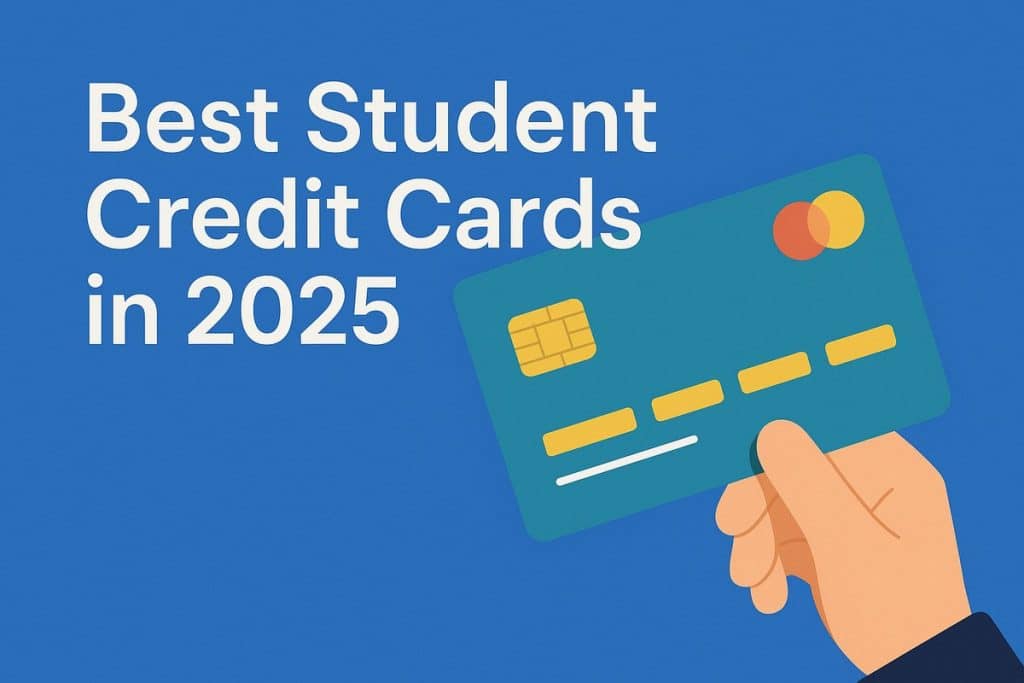 Illustration with a solid blue background. On the left, large bold white text reads “Best Student Credit Cards in 2025.” On the right, an illustrated hand holds a teal-colored credit card featuring a gold chip and blank card details, along with two circular logos simulating common card networks. No real people are depicted; only a stylized illustrated hand and card.