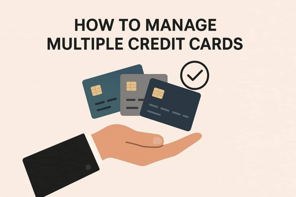 Illustration on a beige background with the headline “How to Manage Multiple Credit Cards” in bold black text at the top. Below, an illustrated hand in a black suit sleeve holds three credit cards in different shades of blue and gray, all featuring gold chips and simplified details. To the right of the cards, a large black checkmark inside a circle symbolizes correct financial management. No real people are depicted—only illustrated hands and objects.