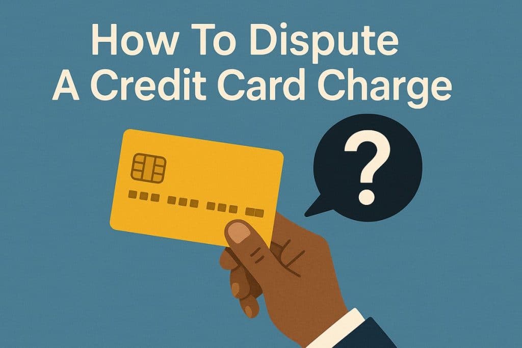 Illustration on a muted blue background with the headline “How To Dispute A Credit Card Charge” in large white text at the top. Below, a brown-skinned illustrated hand holds a yellow credit card with simplified chip and number placeholders. To the right, a black speech bubble displays a white question mark, symbolizing uncertainty or dispute. No real people are depicted—only stylized illustrated elements.