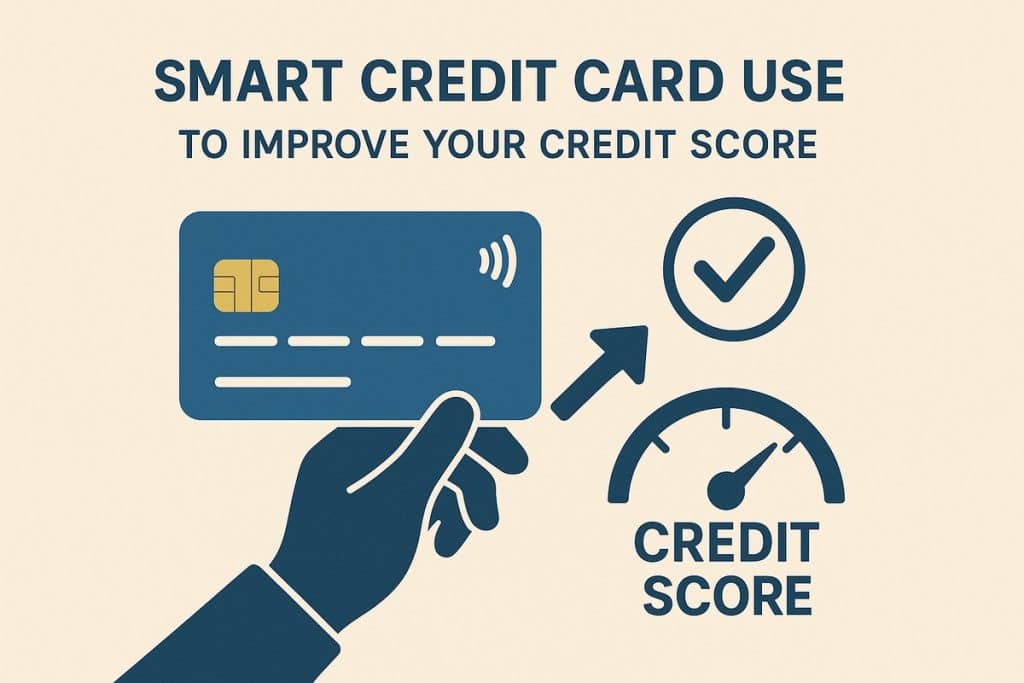 Flat illustration on a light beige background showing a dark blue hand holding a blue credit card with a gold chip and contactless symbol. Above, the headline reads “Smart Credit Card Use to Improve Your Credit Score.” To the right of the card, a checkmark inside a circle and a credit score gauge with an upward-pointing arrow represent responsible usage and improving credit health. No real people are depicted, only stylized icons and a simplified hand.
