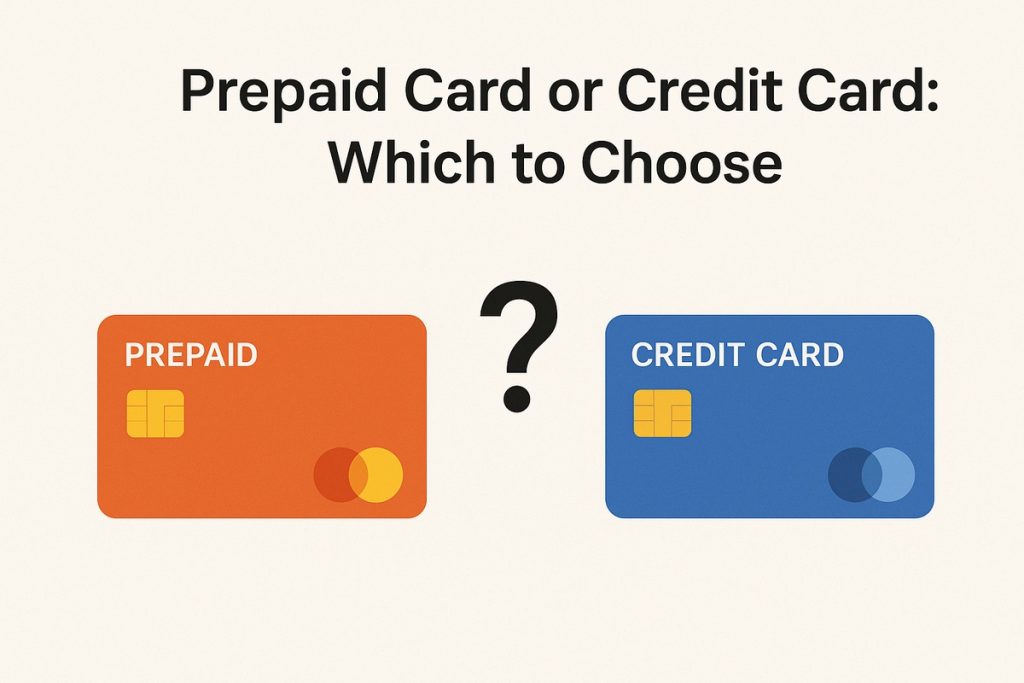 A minimalist illustration showing the comparison between a prepaid card and a credit card. On the left, an orange prepaid card with a chip and Mastercard-style logo; on the right, a blue credit card with a chip and circular logo. A large black question mark sits in the center above both cards, emphasizing the decision between the two options. The background is light beige and the title reads “Prepaid Card or Credit Card: Which to Choose.” No real people are depicted.