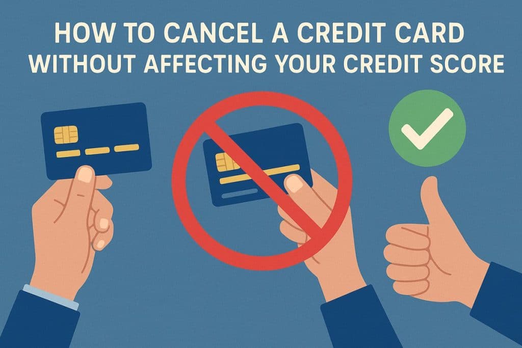 Illustration showing two hands holding credit cards, with one card being crossed out by a red prohibition symbol. A green checkmark appears on the right side next to a thumbs-up hand gesture. The text at the top reads “How to Cancel a Credit Card Without Affecting Your Credit Score.”