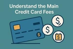 Flat illustration on a teal background with the white headline “Understand the main credit card fees” at the top. A large blue credit card with a yellow chip is tilted slightly to the left in the lower left area, and three cream-colored circular icons with dark blue outlines float on the right: two with dollar signs and one with a calendar symbol and a dollar sign, representing different types of card fees.