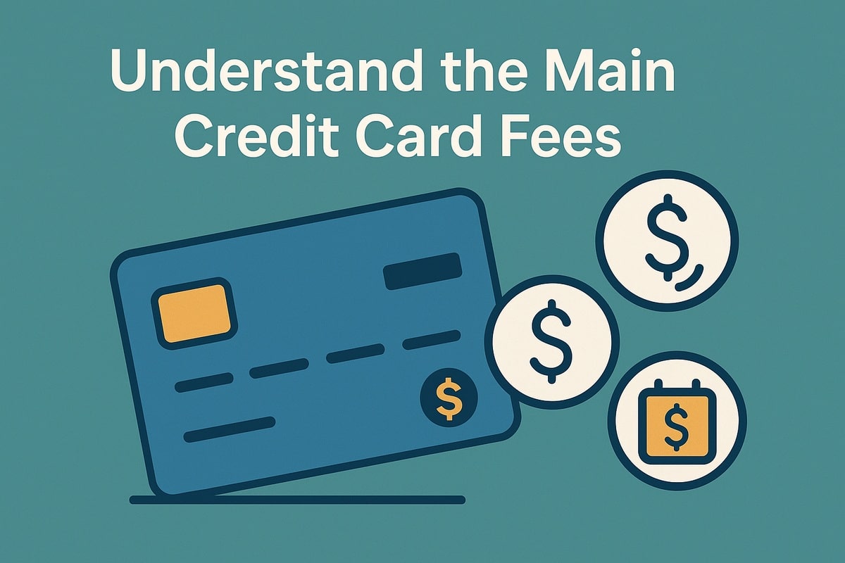 Flat illustration on a teal background with the white headline “Understand the main credit card fees” at the top. A large blue credit card with a yellow chip is tilted slightly to the left in the lower left area, and three cream-colored circular icons with dark blue outlines float on the right: two with dollar signs and one with a calendar symbol and a dollar sign, representing different types of card fees.