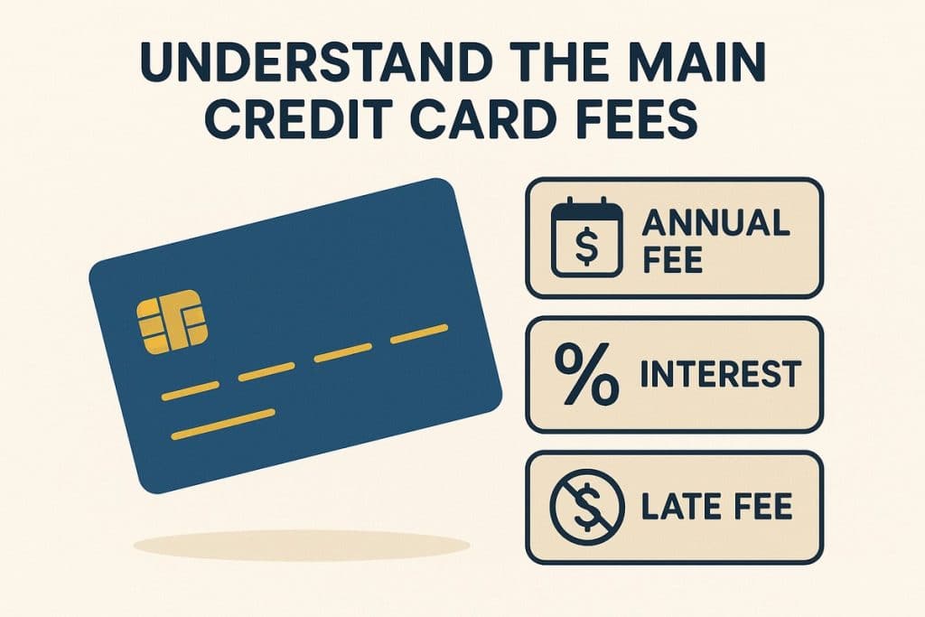 Flat infographic-style illustration on a light cream background with the dark blue headline “Understand the main credit card fees” centered at the top. A large blue credit card with a yellow chip and yellow horizontal lines floats diagonally in the lower left, casting a soft shadow. On the right, three beige rectangular boxes are stacked vertically, each with an icon and label: a calendar with a dollar sign and the text “ANNUAL FEE,” a percentage symbol with the word “INTEREST,” and a crossed-out dollar sign with the words “LATE FEE,” visually summarizing key credit card charges.