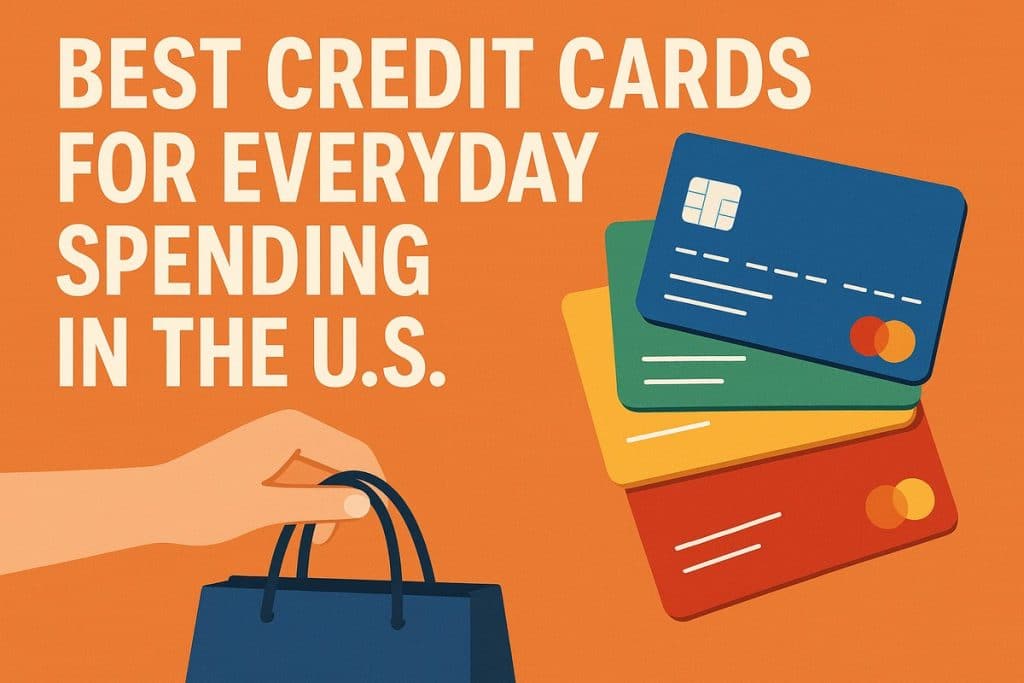 Flat illustration with an orange background showing the white headline “Best credit cards for everyday spending in the U.S.” on the left and a stylized hand holding a dark blue shopping bag at the bottom. On the right, a fan of colorful credit cards in blue, green, yellow, and red is stacked diagonally, each with simple chip and logo icons, emphasizing consumer spending and credit card choices.