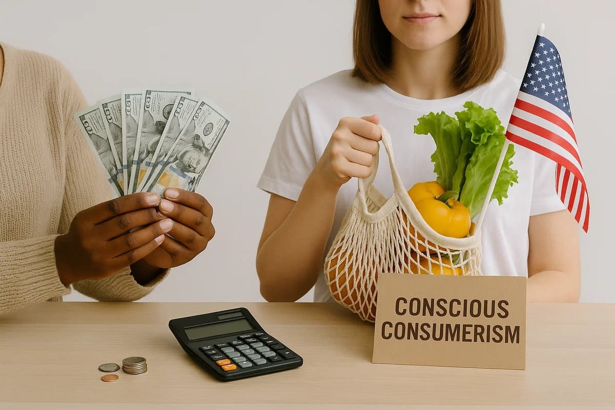 Two people sit at a table representing different aspects of conscious consumerism. One person holds a fan of U.S. hundred-dollar bills, while the other carries a mesh grocery bag filled with vegetables and a small American flag. A calculator and several coins rest on the table next to a cardboard sign labeled “Conscious Consumerism,” symbolizing mindful spending and financial awareness.