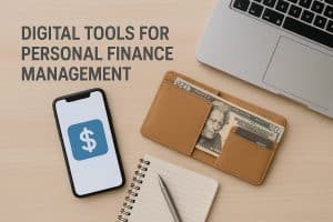 A flat-lay photograph of a smartphone displaying a blue dollar sign icon, placed next to a tan leather wallet holding a $20 bill and a credit card. A silver laptop, an open spiral notebook, and a pen are arranged neatly on a light wooden desk, creating a clean workspace related to personal finance management.