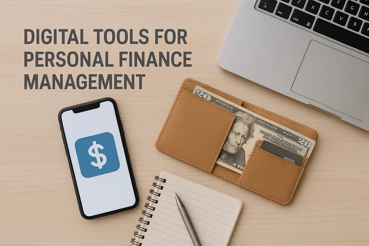 A flat-lay photograph of a smartphone displaying a blue dollar sign icon, placed next to a tan leather wallet holding a $20 bill and a credit card. A silver laptop, an open spiral notebook, and a pen are arranged neatly on a light wooden desk, creating a clean workspace related to personal finance management.