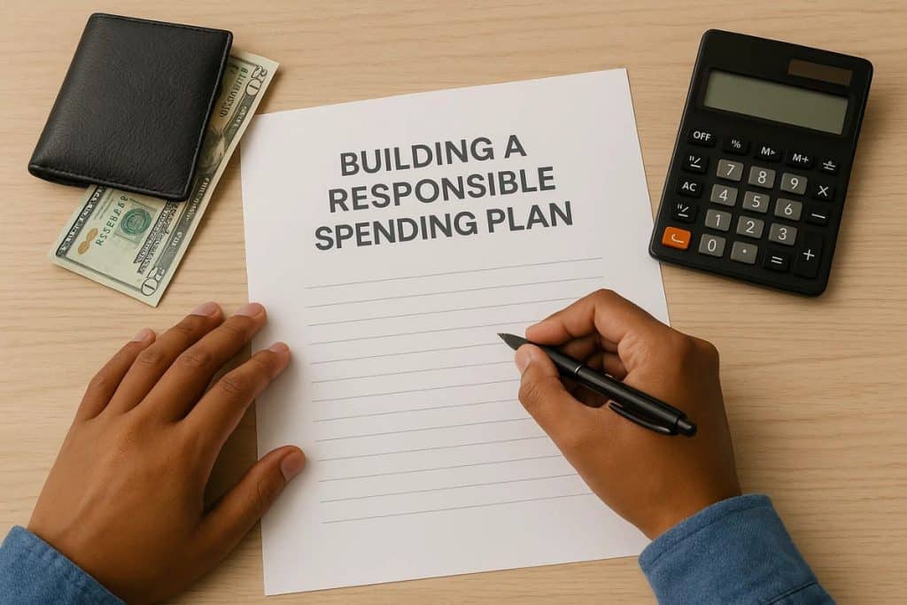 Image of a person sitting at a desk, holding a pen and preparing to write on a sheet of paper titled “BUILDING A RESPONSIBLE SPENDING PLAN.” The desk also contains a black wallet with U.S. dollar bills peeking out, and a black calculator on the right side. The composition suggests financial organization, budgeting, and responsible spending habits.