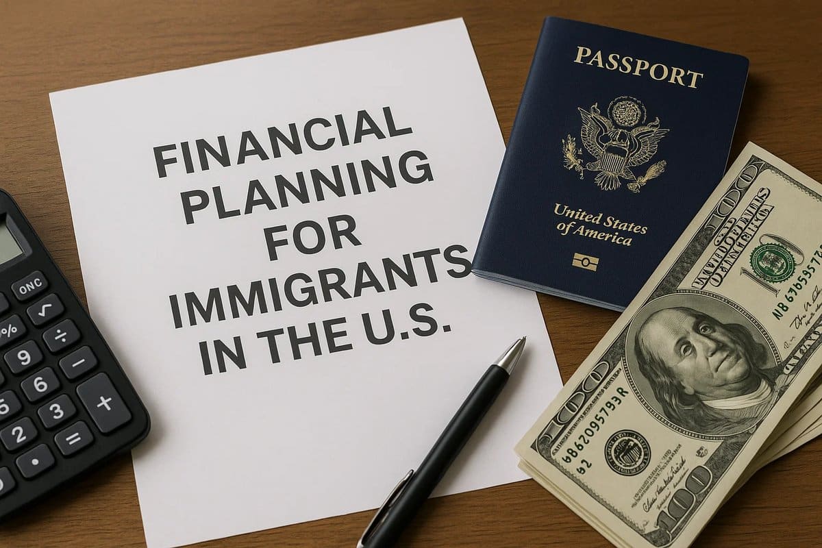 Flat-lay composition showing financial organization for immigrants in the U.S., including a printed sheet with the title ‘Financial Planning for Immigrants in the U.S.’, a U.S. passport, a stack of hundred-dollar bills, a calculator, and a pen arranged neatly on a wooden surface.