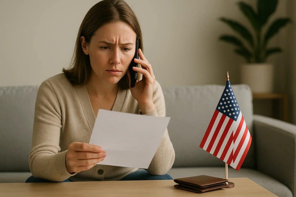 A woman with a worried expression sits on a couch while talking on the phone and holding a document. A small U.S. flag stands on the table beside her next to a closed wallet, emphasizing the context of financial scams in the United States. The background shows a softly lit living room with a plant, contributing to a realistic everyday setting.