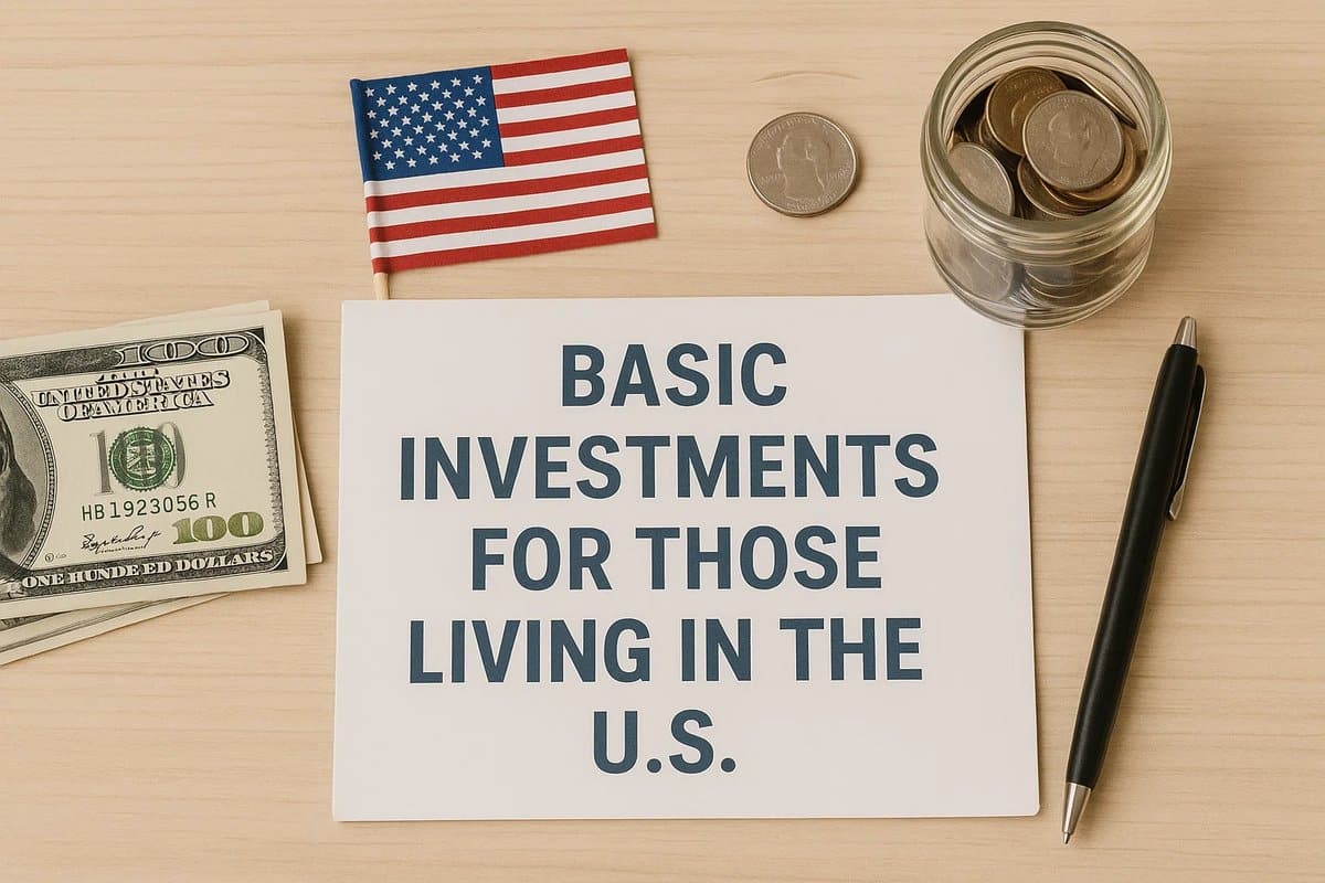 Flat-lay arrangement showing a printed sheet titled ‘Basic Investments for Those Living in the U.S.’ surrounded by a small American flag, a jar filled with coins, a pen, and a stack of hundred-dollar bills, illustrating essential investment concepts for newcomers or residents in the United States.