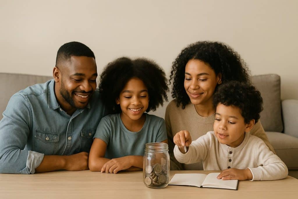 Image of a smiling family of four—two parents and two young children—sitting together at a wooden table in a living room. The youngest child is placing a coin into a jar filled with coins while an open notebook lies nearby. The parents and older sibling watch with warm, encouraging expressions. The background shows a neutral-toned couch and wall, giving the scene a cozy, supportive atmosphere focused on family financial learning.