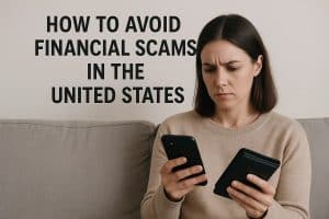 A woman sits on a sofa holding a smartphone in one hand and a wallet-like case in the other. Her concerned facial expression suggests she is reviewing suspicious messages or verifying financial information. Behind her is a neutral wall with no distractions, reinforcing the seriousness of the moment related to financial scam awareness.