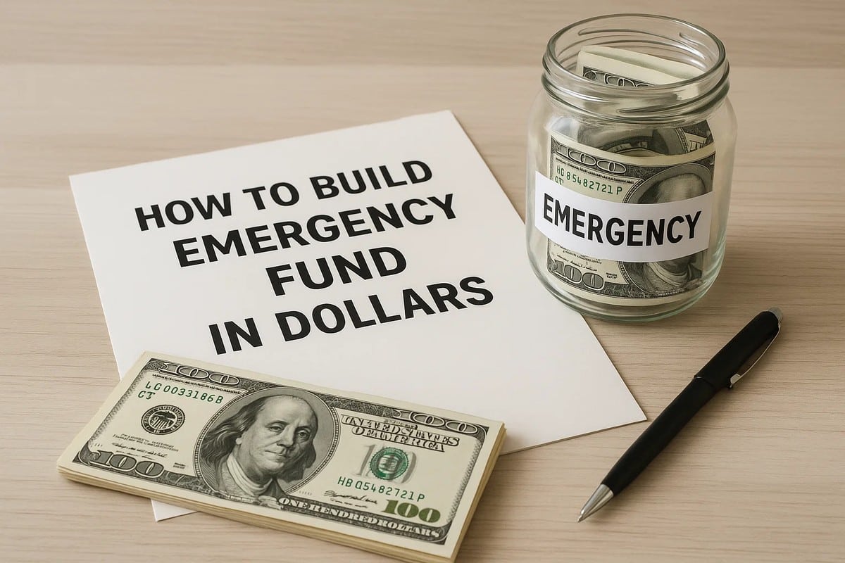 Flat-lay composition showing financial preparation for an emergency fund, including a printed sheet labeled ‘How to Build Emergency Fund in Dollars’, a glass jar marked ‘Emergency’ filled with U.S. dollar bills, a bundle of hundred-dollar notes, and a black pen neatly arranged on a light wooden surface.