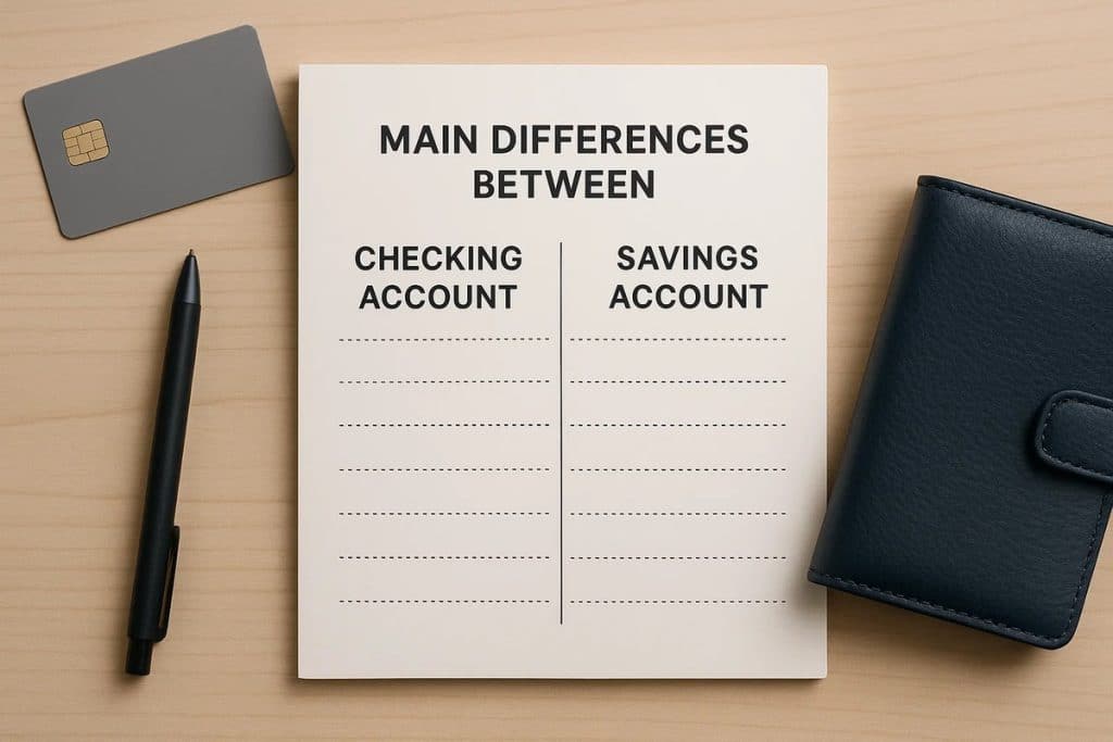 Top-down view of a comparison sheet titled ‘Main Differences Between Checking Account and Savings Account’, featuring two blank columns, with a credit card, a black pen, and a dark leather wallet arranged around it, symbolizing the process of analyzing distinctions between these account types.