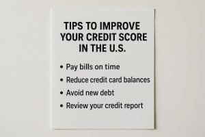A minimal white poster hanging on a light wall displays bold black text titled “Tips to Improve Your Credit Score in the U.S.” followed by a bulleted list offering financial advice, including paying bills on time, reducing credit card balances, avoiding new debt, and reviewing credit reports.