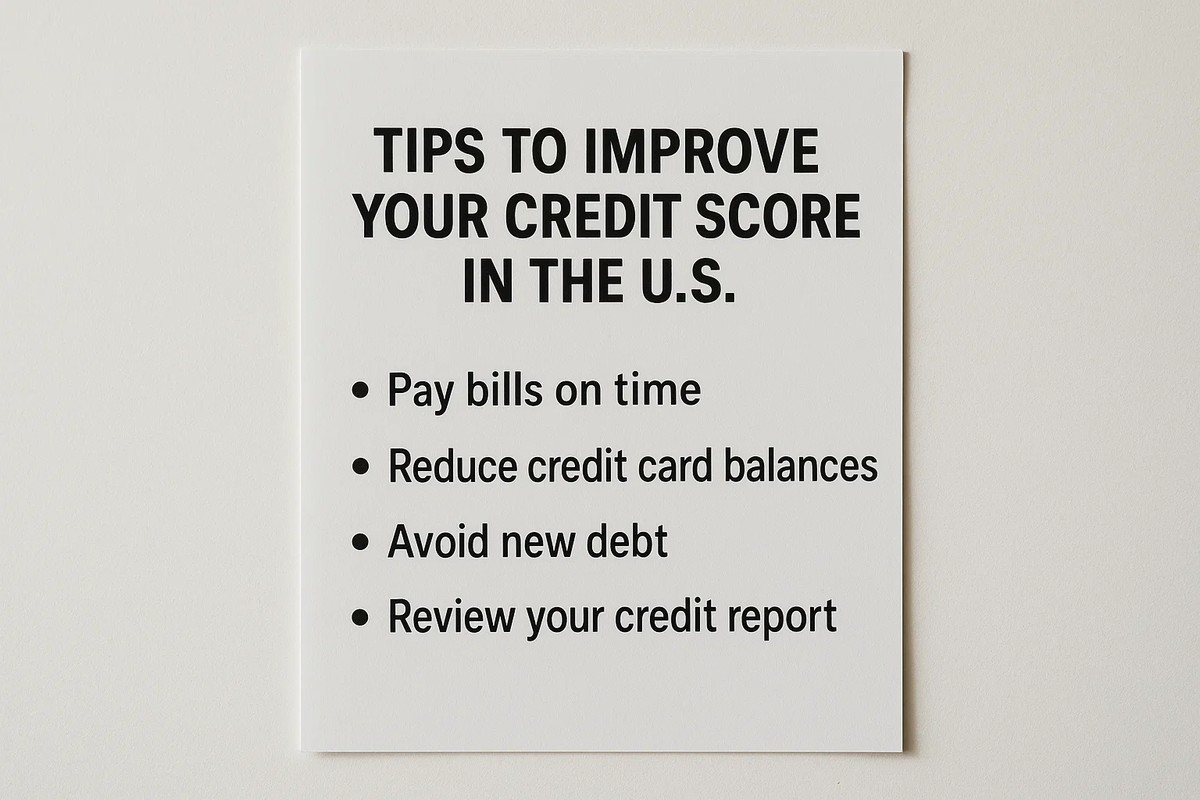 A minimal white poster hanging on a light wall displays bold black text titled “Tips to Improve Your Credit Score in the U.S.” followed by a bulleted list offering financial advice, including paying bills on time, reducing credit card balances, avoiding new debt, and reviewing credit reports.
