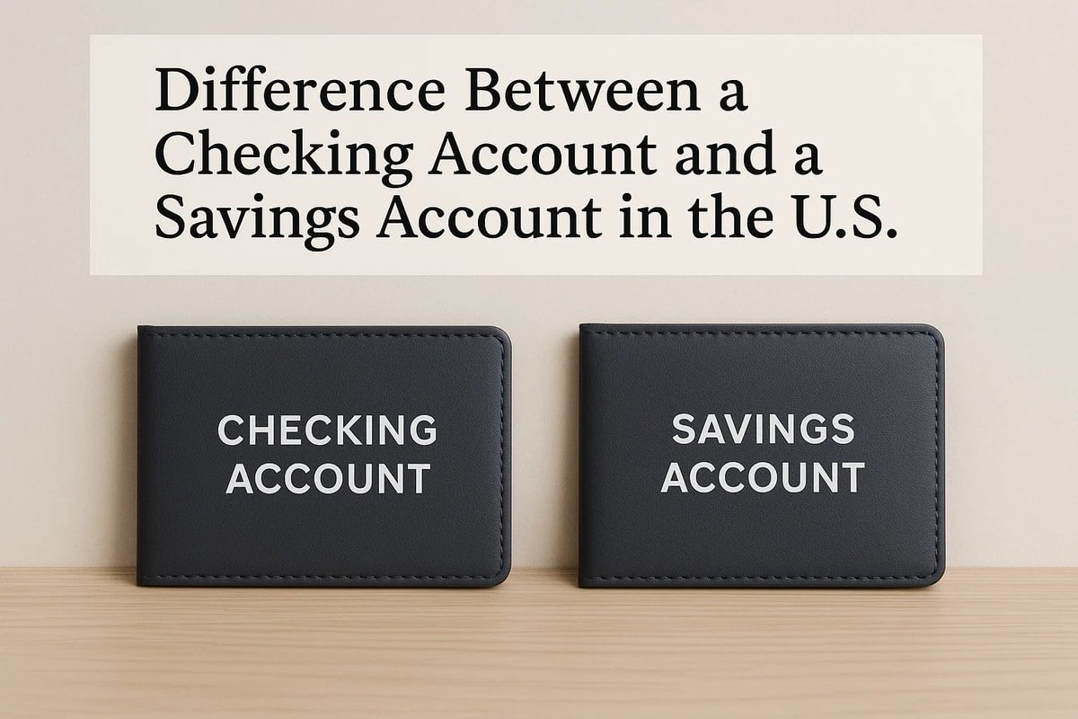 Two dark leather cardholders labeled ‘Checking Account’ and ‘Savings Account’ placed side by side on a wooden surface, beneath a printed heading reading ‘Difference Between a Checking Account and a Savings Account in the U.S.’, visually representing the contrast between the two major types of bank accounts.