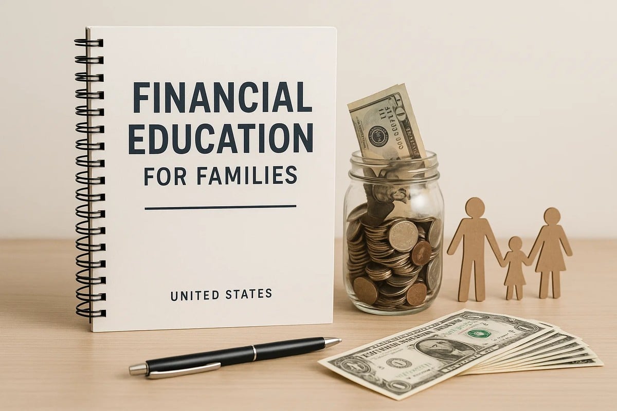 Image of a spiral-bound notebook placed on a wooden desk. The notebook cover reads “FINANCIAL EDUCATION FOR FAMILIES — UNITED STATES” in bold dark letters. Next to the notebook is a glass jar filled with coins and a folded U.S. dollar bill sticking out from the top. Beside the jar are three wooden figurines representing a family—two adults holding hands with a child. A black pen and several U.S. one-dollar bills are arranged neatly in the foreground, creating a clean, informative financial-themed composition.