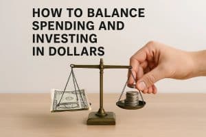 A hand places several stacked coins onto one side of a vintage brass balance scale, while a bundle of U.S. dollar bills rests on the opposite side. The scale stands on a light wooden surface, symbolizing the contrast between spending and investing decisions.