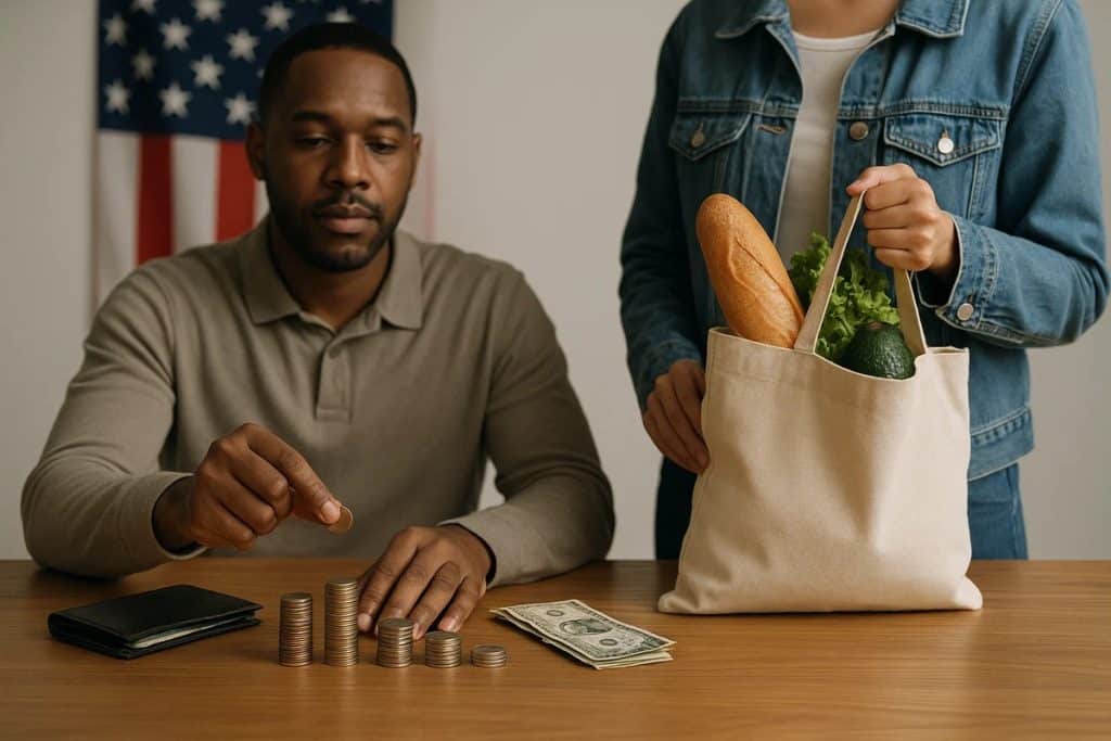 A man sits at a wooden table counting stacks of coins while a second person stands beside him holding a reusable grocery bag filled with fresh produce, including bread, lettuce, and an avocado. A wallet and several dollar bills lie on the table, and a U.S. flag hangs in the background, reinforcing the context of budgeting and consumer decisions in the American market.