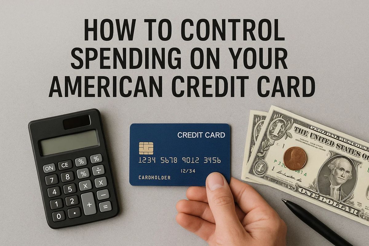 Image showing a flat lay composition with the text “HOW TO CONTROL SPENDING ON YOUR AMERICAN CREDIT CARD” in bold black letters centered at the top. Below the text are three objects: a black calculator on the left, a hand holding a blue credit card in the middle, and a few U.S. dollar bills with coins placed on top on the right. A black pen lies partially visible near the money, symbolizing budgeting and financial planning.