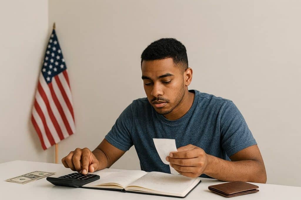 Image of a young man sitting at a white desk, focusing on a receipt in his hand. In front of him is an open notebook and a calculator he is using with his other hand. A small stack of U.S. dollar bills lies on the table, and a brown wallet sits to the right. In the background, a slightly blurred American flag hangs on the wall. The lighting is warm and natural, emphasizing the studious and thoughtful atmosphere.