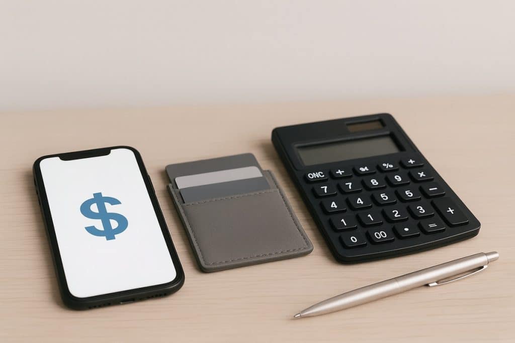 A top-down view of a smartphone showing a blue dollar sign icon, a gray minimalist cardholder with two cards, a black calculator, and a metallic pen. All items are laid out on a light wooden surface, suggesting tools used for budgeting and digital financial organization.