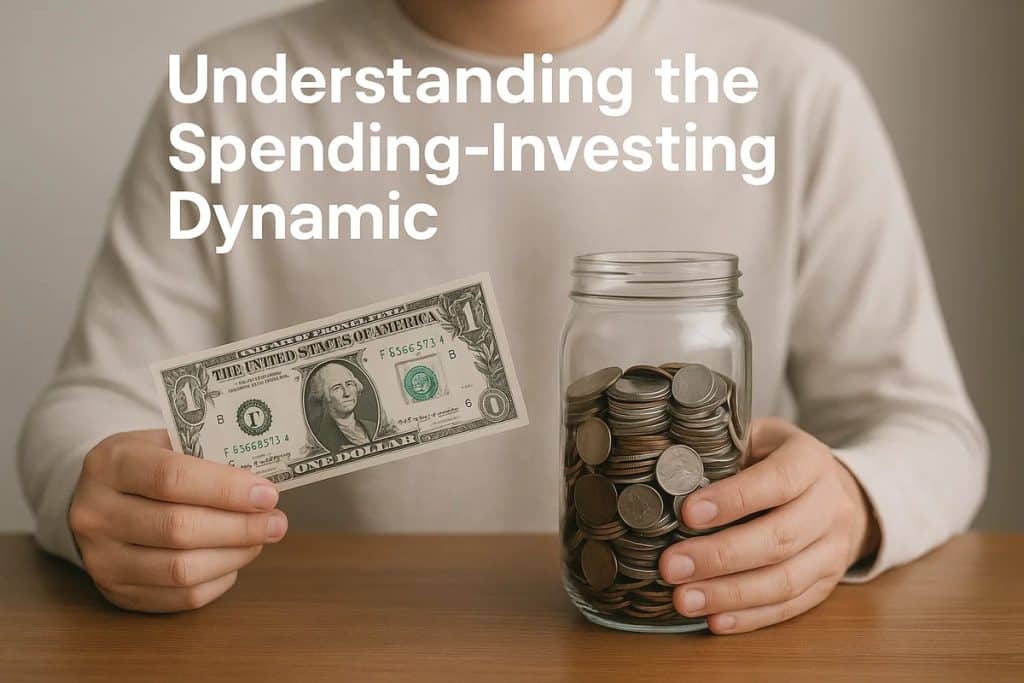 A person seated at a table holds a one-dollar bill in one hand and a glass jar filled with coins in the other. The scene highlights the relationship between saving and everyday financial choices.