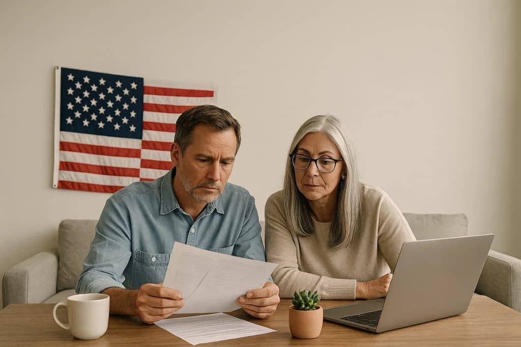 A middle-aged couple sits together at a wooden table, reviewing financial documents. The man, wearing a denim shirt, holds papers while focusing on them, and the woman with long gray hair and glasses looks at the documents as well. A laptop and a small potted plant are on the table. Behind them, an American flag hangs on the wall, emphasizing a U.S.-based setting for retirement or financial planning.