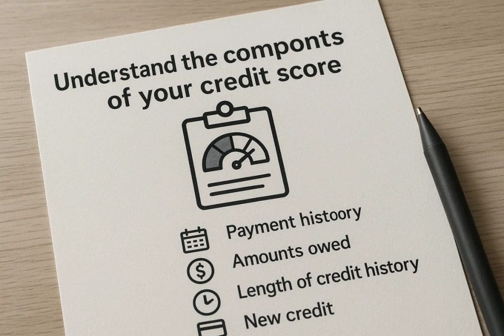 A close-up photo of a printed sheet on a wooden desk shows a credit score illustration on a clipboard icon, accompanied by labeled components such as payment history, amounts owed, length of credit history, and new credit. A black pen rests to the right of the page, emphasizing a financial planning context.
