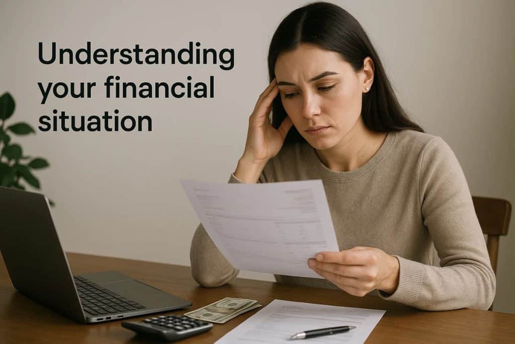 Woman sitting at a desk analyzing financial documents with a laptop, calculator, cash, and a pen beside her, illustrating the concept of understanding your financial situation by reviewing income, bills, and personal expenses.
