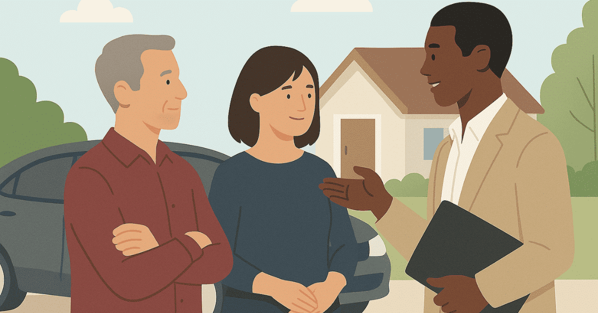 Loan officer talking with a couple in front of their house, explaining loan options for homeowners.