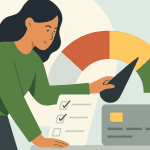 Woman adjusting a credit score gauge while reviewing a checklist and a credit card, illustrating financial planning and loan preparation.