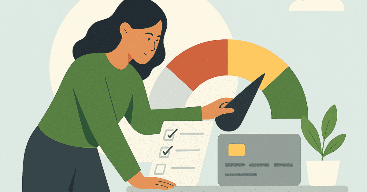 Woman adjusting a credit score gauge while reviewing a checklist and a credit card, illustrating financial planning and loan preparation.